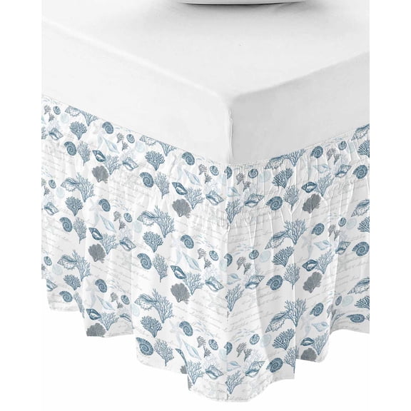 Coastal Blue Wrap Around Bed Skirts for Queen Bed 18" Drop,Bed Skirt with Adjustable Elastic Belt Dust Ruffle Bed Valance for Bedroom Hotel Retro Ocean Coral Shell Starfish Seahorse Bed Frame Cover