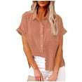 thumbnail image 2 of Womens Cotton Linen Button Down Shirt Summer Casual Short Sleeve Solid Color T Shirts Loose Work Tops with Pockets, 2 of 5