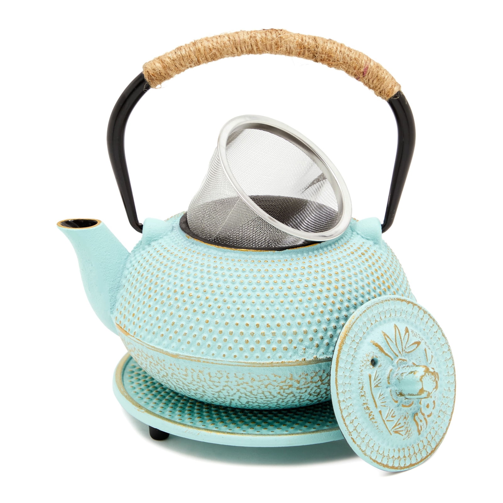 Contemporary Blue And Green Design Cast Iron and Ceramic Kettle Trivet 