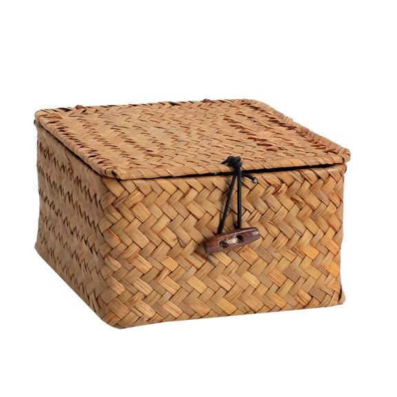LAMIRO Wicker Rattan Cattail Stem and Cord Storage Basket