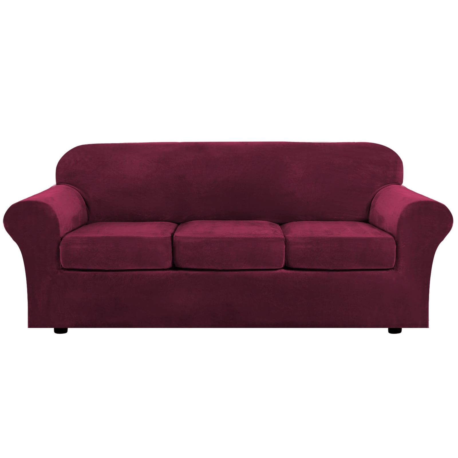 Stretch Velvet Plush Sofa Covers Couch Armhair Slipcover Protector with Cushion Covers, Burgundy, For 3-Seater Sofa