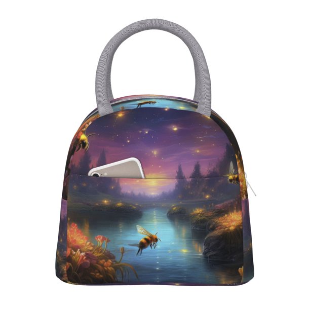 Easygdp Magical Bees Twilight River Bolsa de Almuerzo Insulada Grande, Forro de Aluminio, Diseño Espacioso, a Prueba de Fugas, Ideal para Trabajo, Picnics, Viajes y Actividades al Aire Libre
