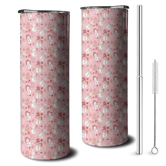20oz Pink Christmas Snowman Pattern Skinny Tumblers Stainless Steel Tumbler with Lid and Straw,Vacuum Insulated Double Wall Travel Tumbler Cups with Cleaning Brush for Coffee,Tea
