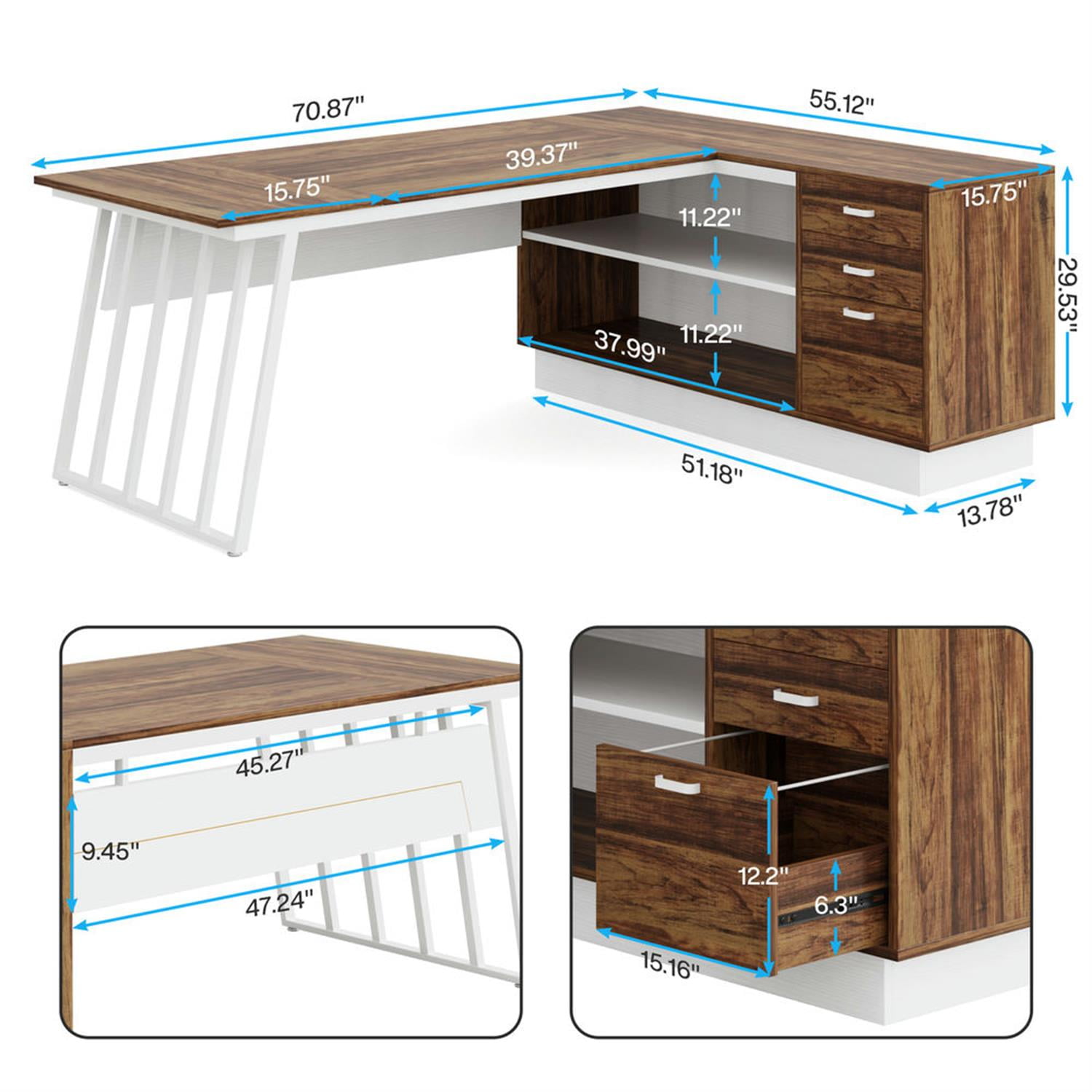 Demi Bonn Modern L Shaped Gaming Computer Desk, 71" Reversible Corner Executive Desk with Cabinet for Home Office, Brown