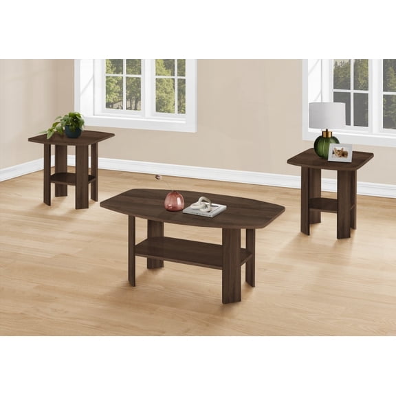 Table Set: 1 Coffee, 2 End Tables for Living Room in Walnut Laminate with Transitional Look