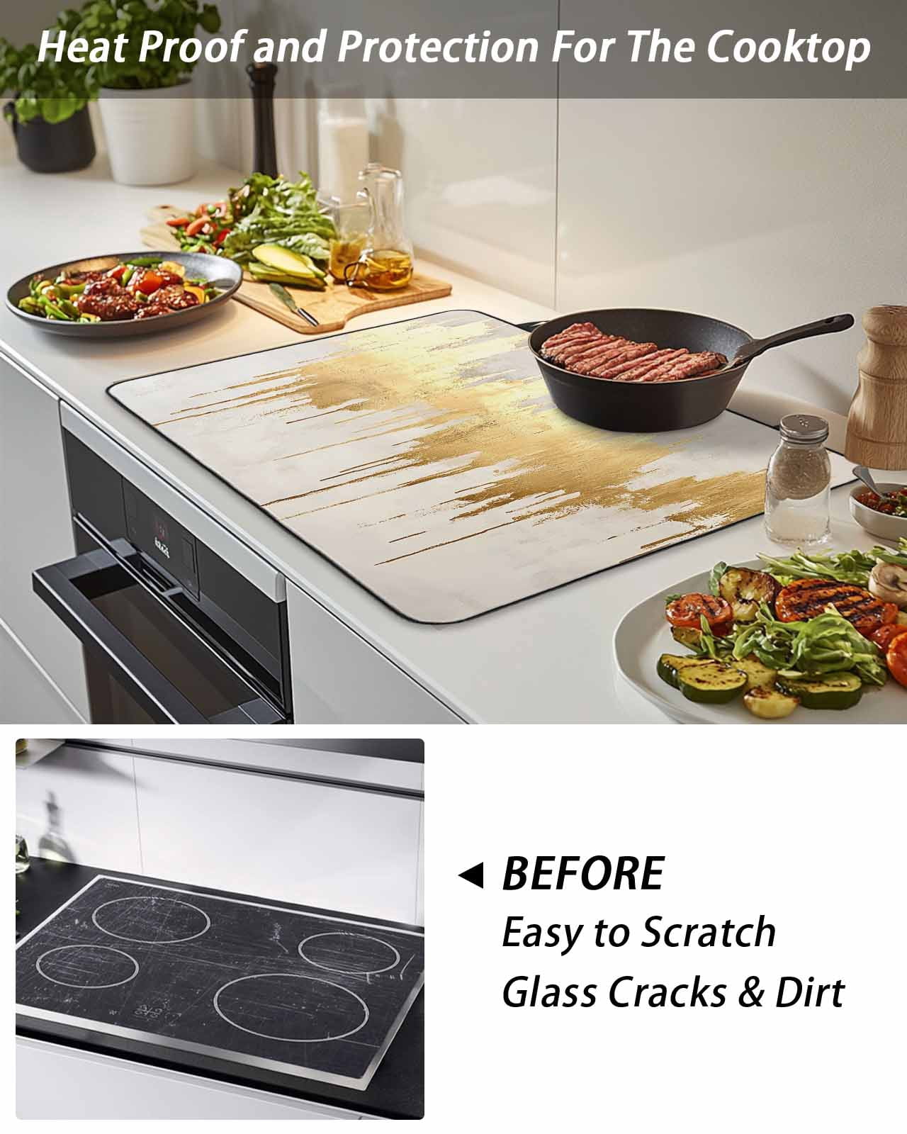 Stove Top Covers for Electric Stove, Modern Gold Glass Stovetop Cover Protector, Abstract Minimalist Grunge Art Color Block Induction Cooktop Protector Oven Mat for Kitchen Countertop 24"x21"