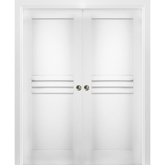 Sliding French Double Pocket Doors 36 x 96 inches / Mela 7444 White Silk / Kit Rail Hardware / MDF Interior Bedroom Modern Doors