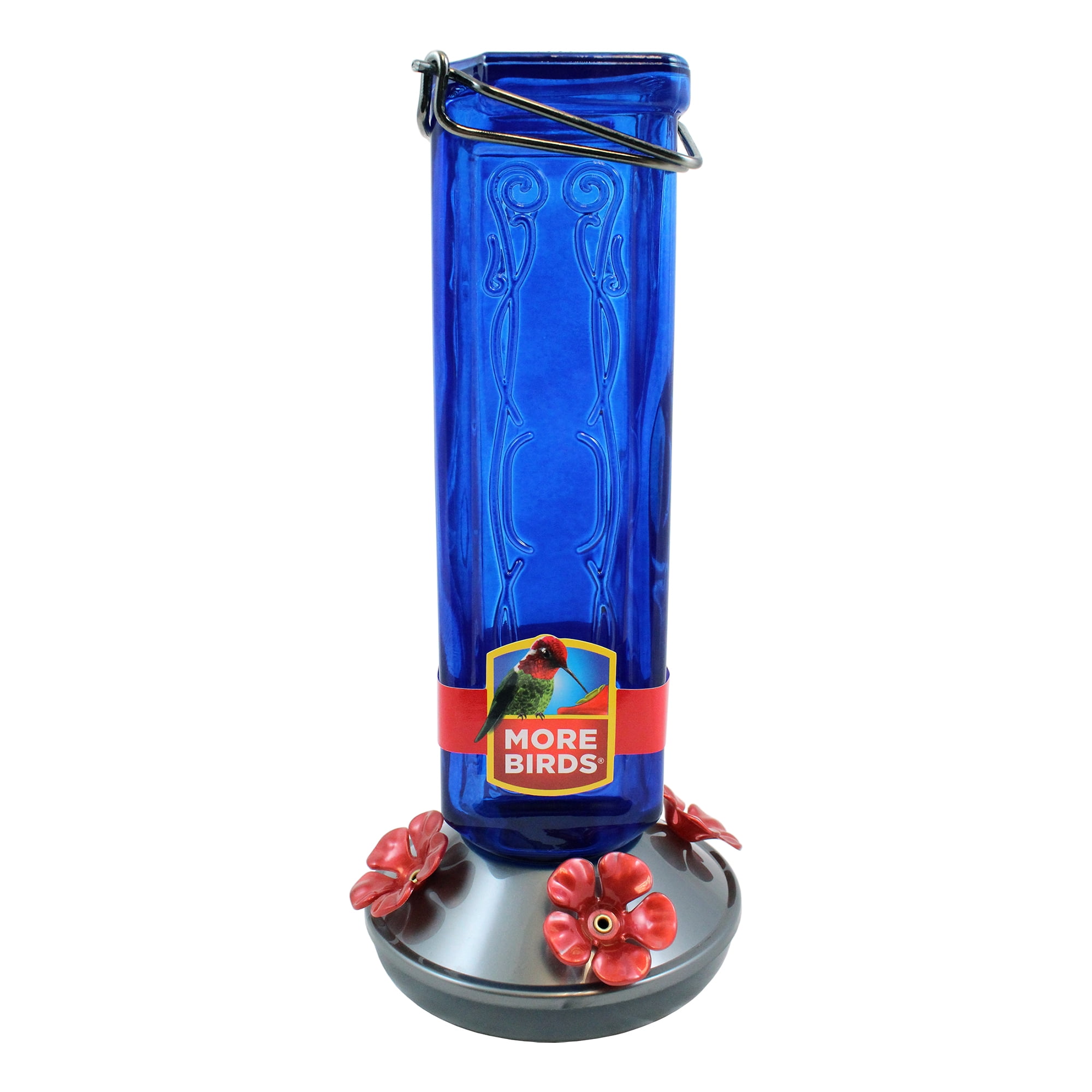 More Birds blue glass hummingbird feeder with 4 ports, 19 oz capacity