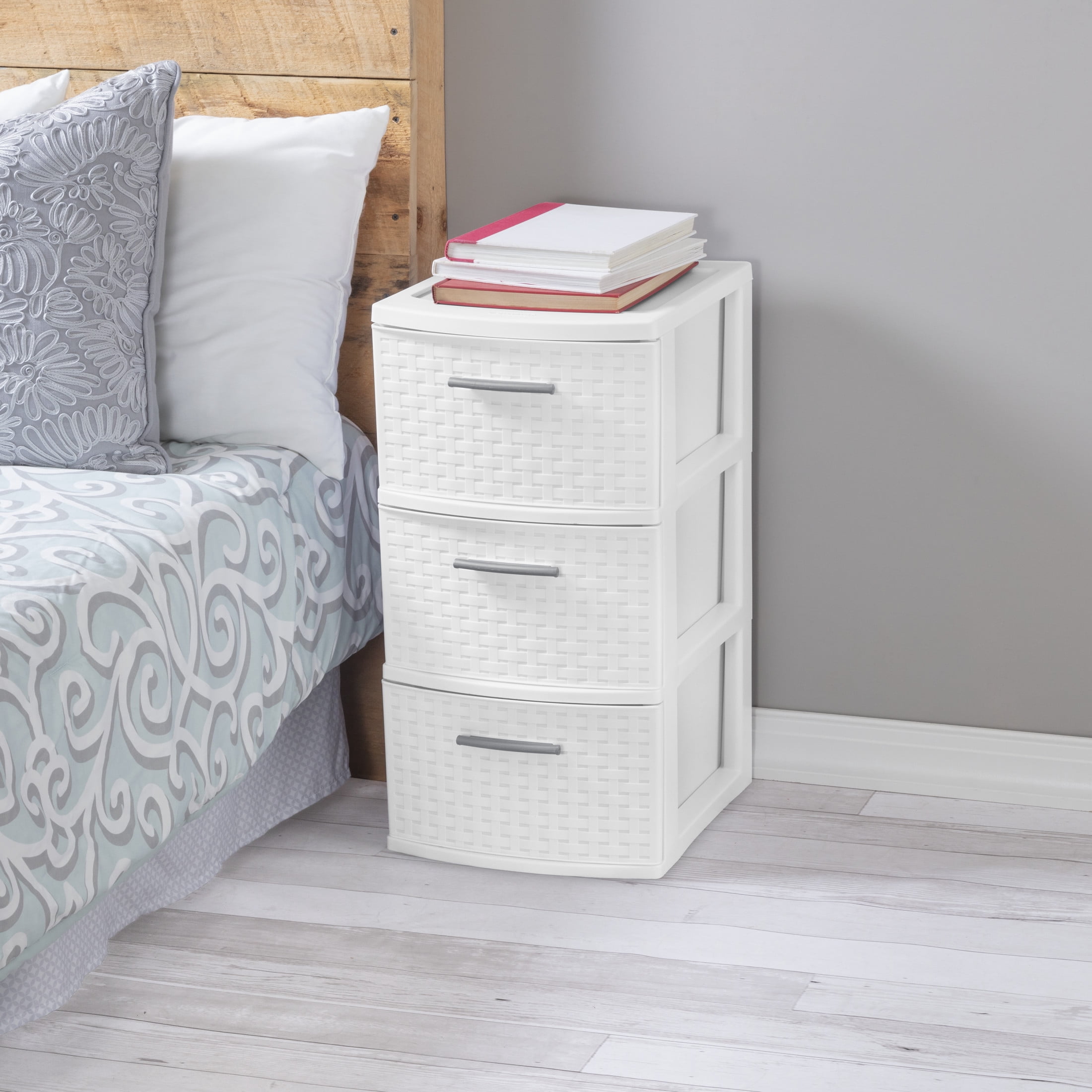 Sterilite 3 Drawer Weave Tower, Plastic Décor Drawers with Pull Handles, White