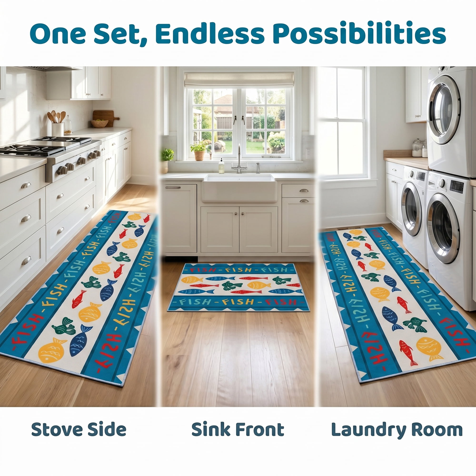 Unique Bargains Non Slip Fish Floral Printed Kitchen Rugs and Mats Blue 24"x16"+47"x16"