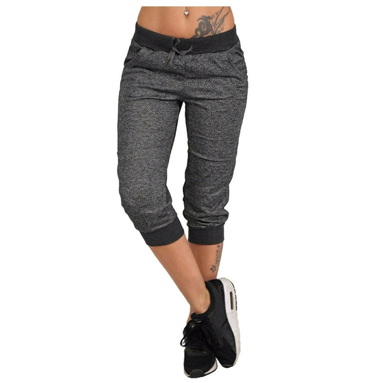 QUYUON Women Running Capris with Pockets Yoga Drawcord Fashion Capris  Casual Cropped Leg Pants Athletic Works Capris Female Capris Jeans Style  Q495 