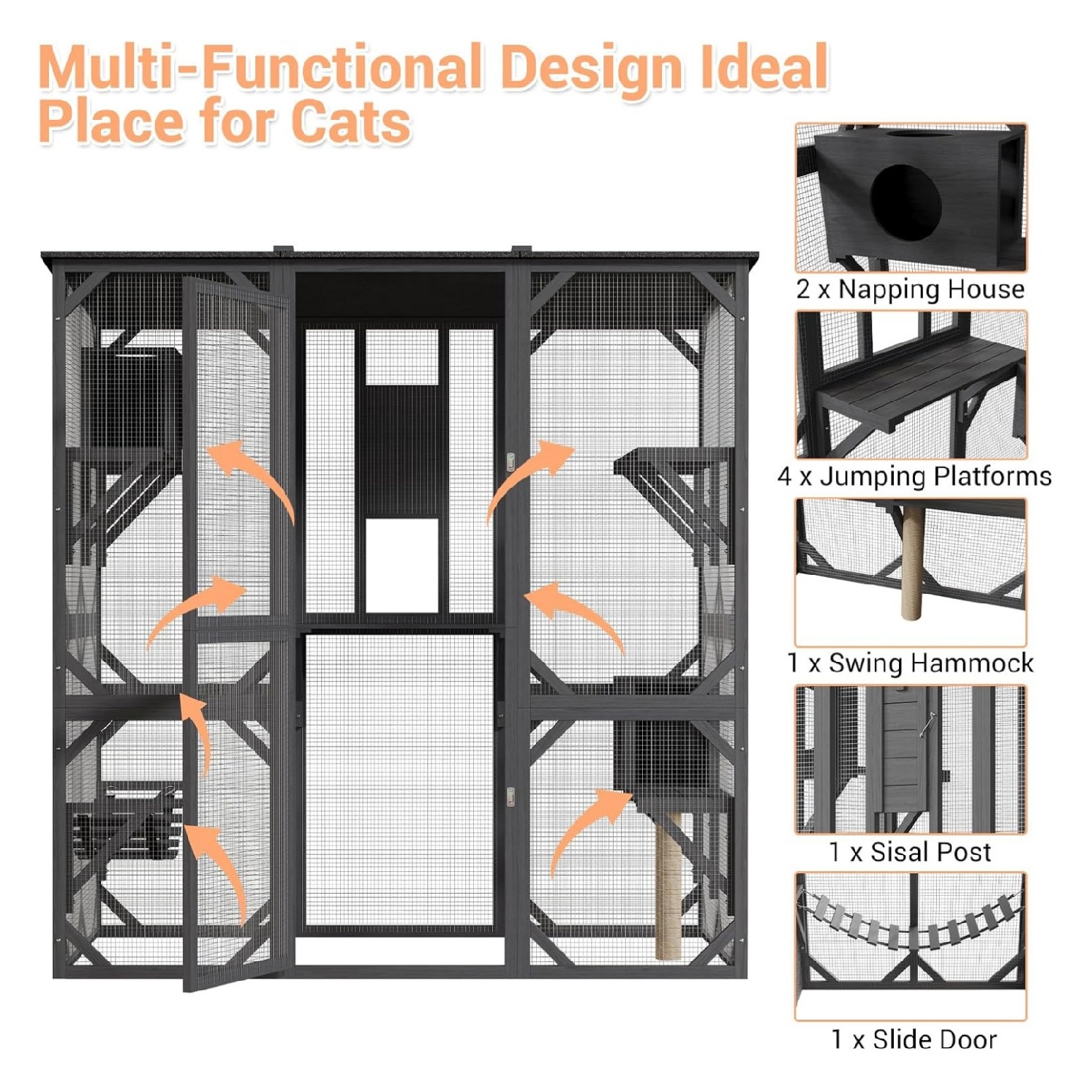 70'' Outdoor Cat Enclosure, Large Walk-in Catio Outdoor Cat Enclosure with Window, 4 Jumping Platforms & 2 Resting Box, Wooden Cat House Indoor with Scratching Post & Hammock, UV Resistant