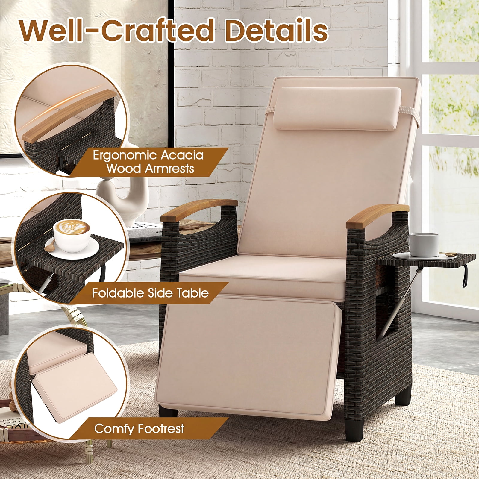 Gymax Set of 2 Patio Wicker Recliner Chair Rattan Lounge Chair w/ Adjustable Backrest&Footrest Mix Brown
