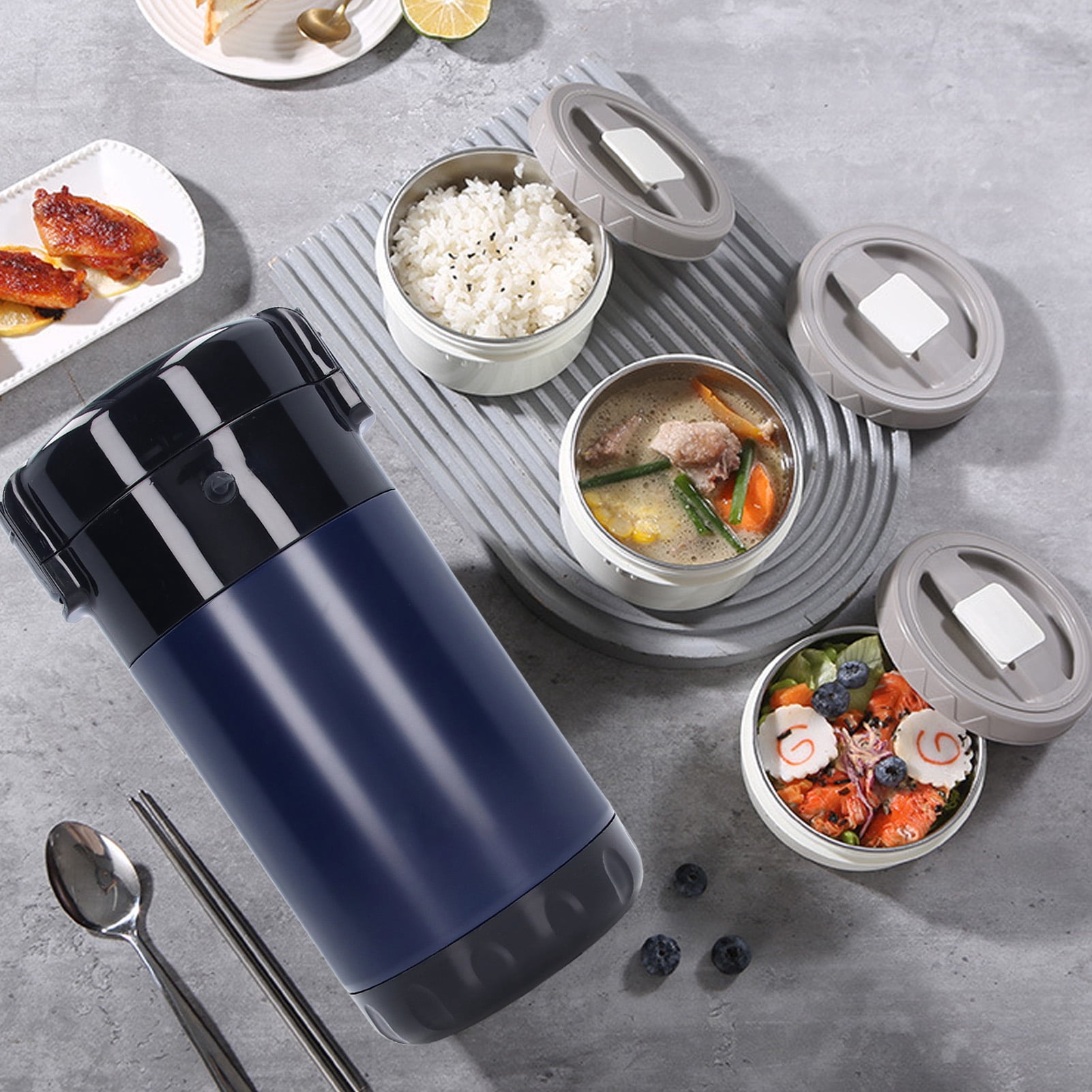 Bento Box Adult Lunch box with Bag, 4 Tier Stainless Steel Insulated Thermal Compartment Food Container with Handle, Leak-proof Stackable Lunch Containers for Work[Blue]