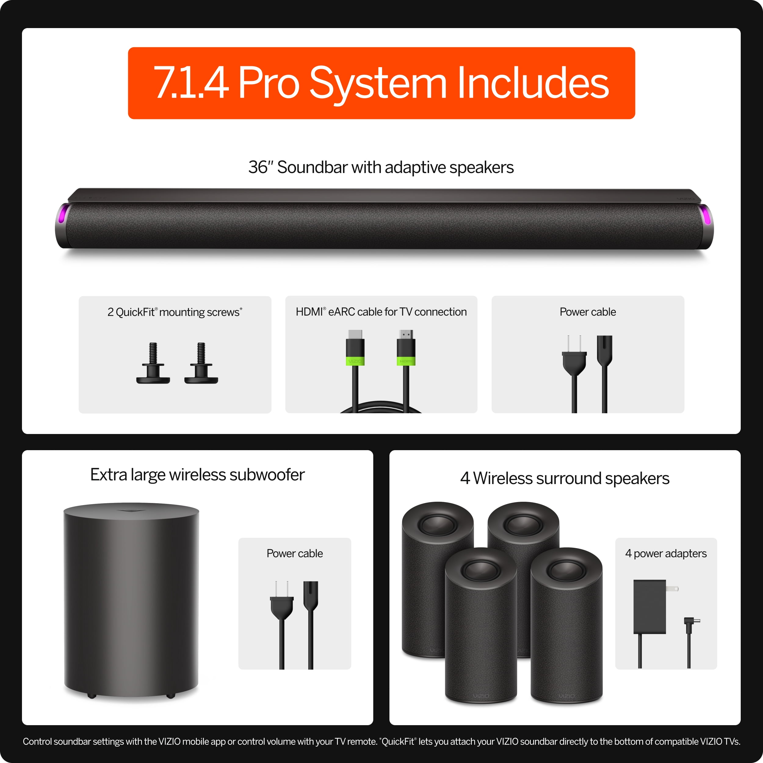 VIZIO Elevate 7.1.4 Pro Soundbar w/ Dolby Atmos, Wireless Surround Speakers & Subwoofer, QuickFit® Compatible (SL714PW-1006)