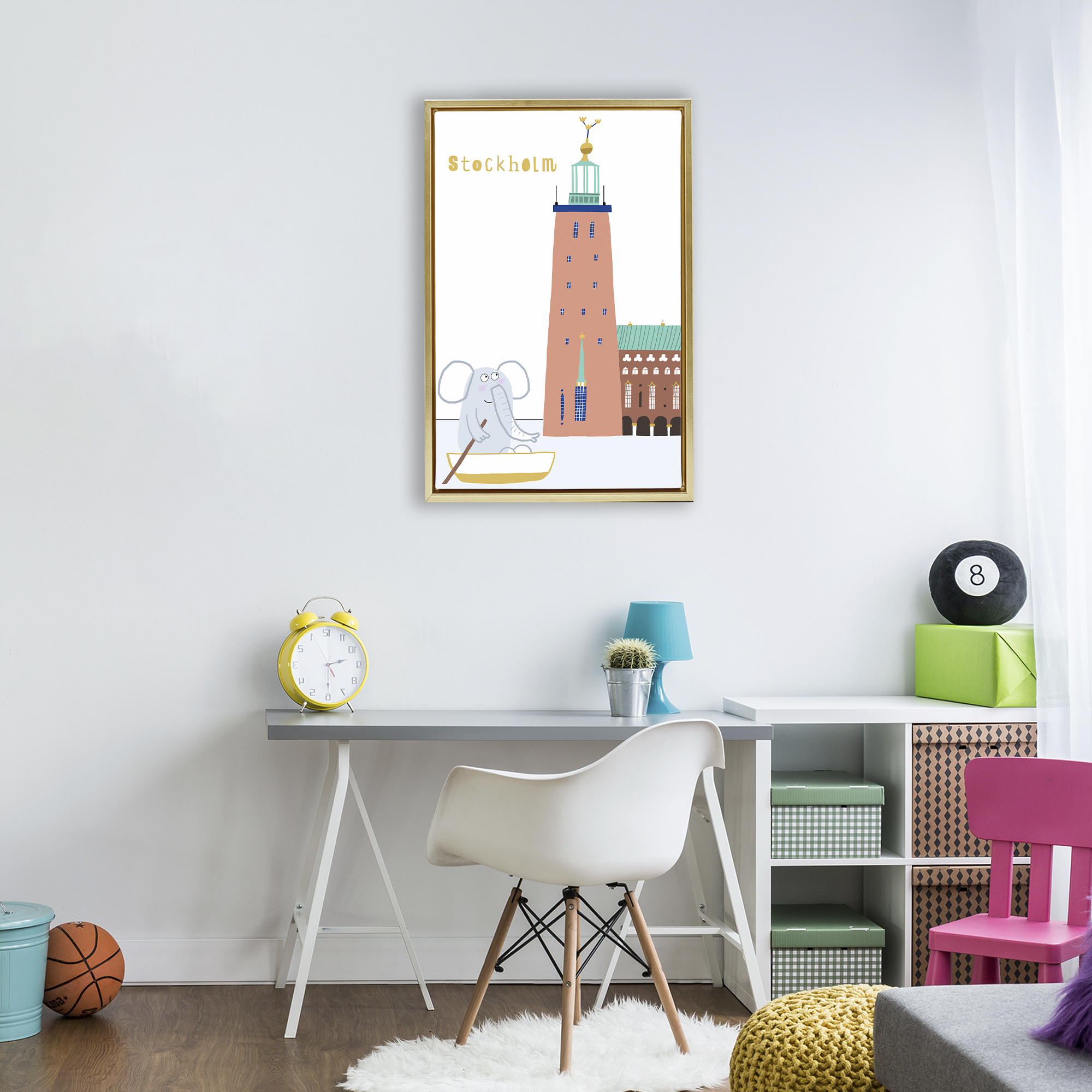 Elephant in Stockholm Boat Gold Framed Floater Canvas Wall Art, design by Carla Daly