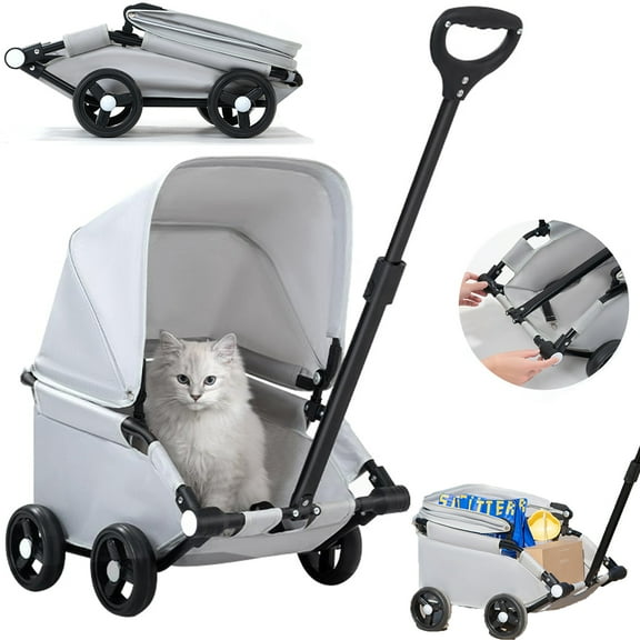 Dog Stroller 4 Wheels Folding Dog Cart with Sunshine Cover, Multifunctional Collapsible Mini Pets Cart with Extendable Pull Handle for Travelling Shopping Walking Playing - Small Dogs Cats, Grey