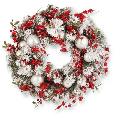 National Tree Company Artificial Christmas Wreath, Green, Flocked, Unlit, Decorated with Frosted Branches, Ball Ornaments, Berry Clusters,  24 Inches