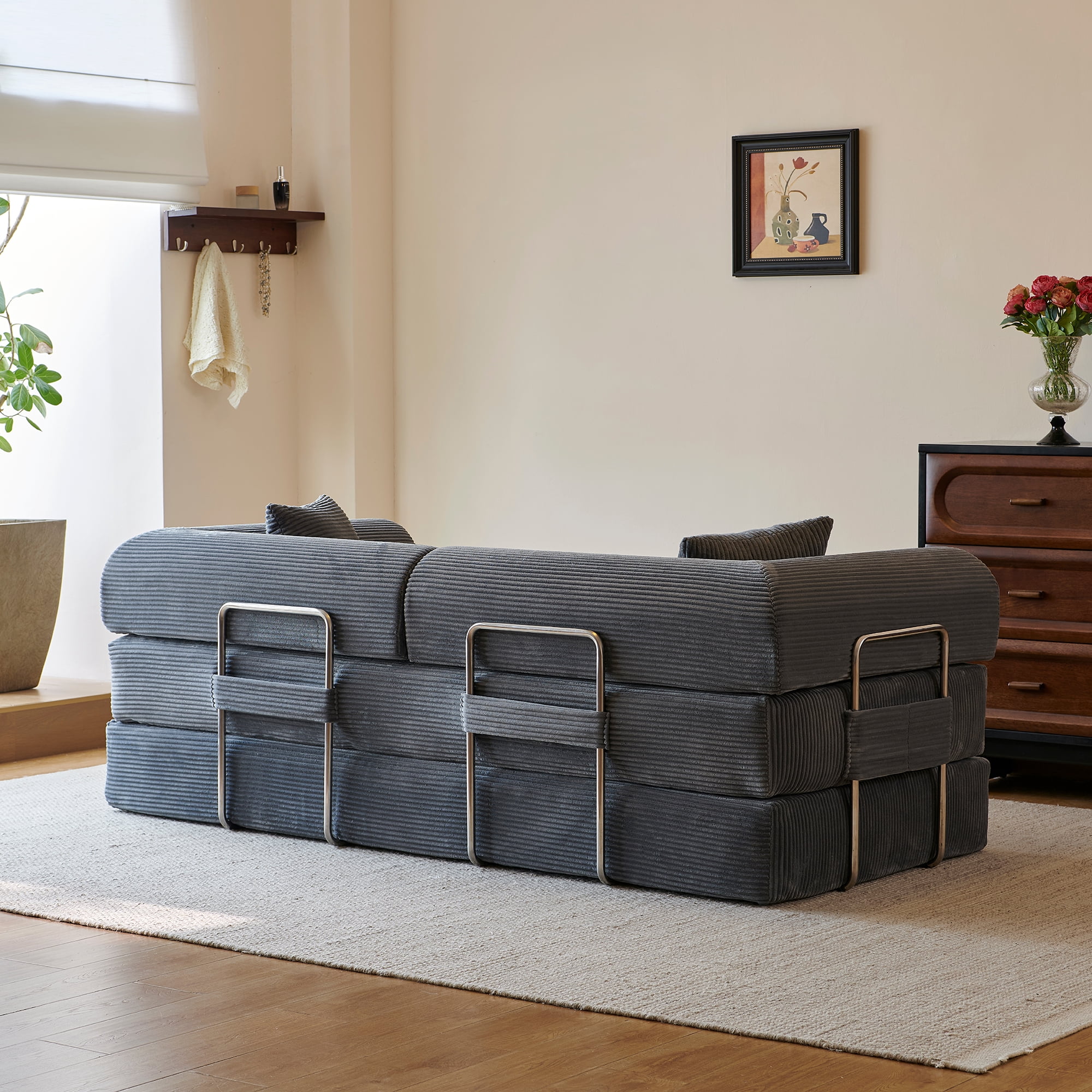 78" Convertible Sofa Bed, Corduroy Futon Pull Out Couch Folding Mattress Floor, No Assembly Boneless Sleeper Sofa for Living Room, Grey