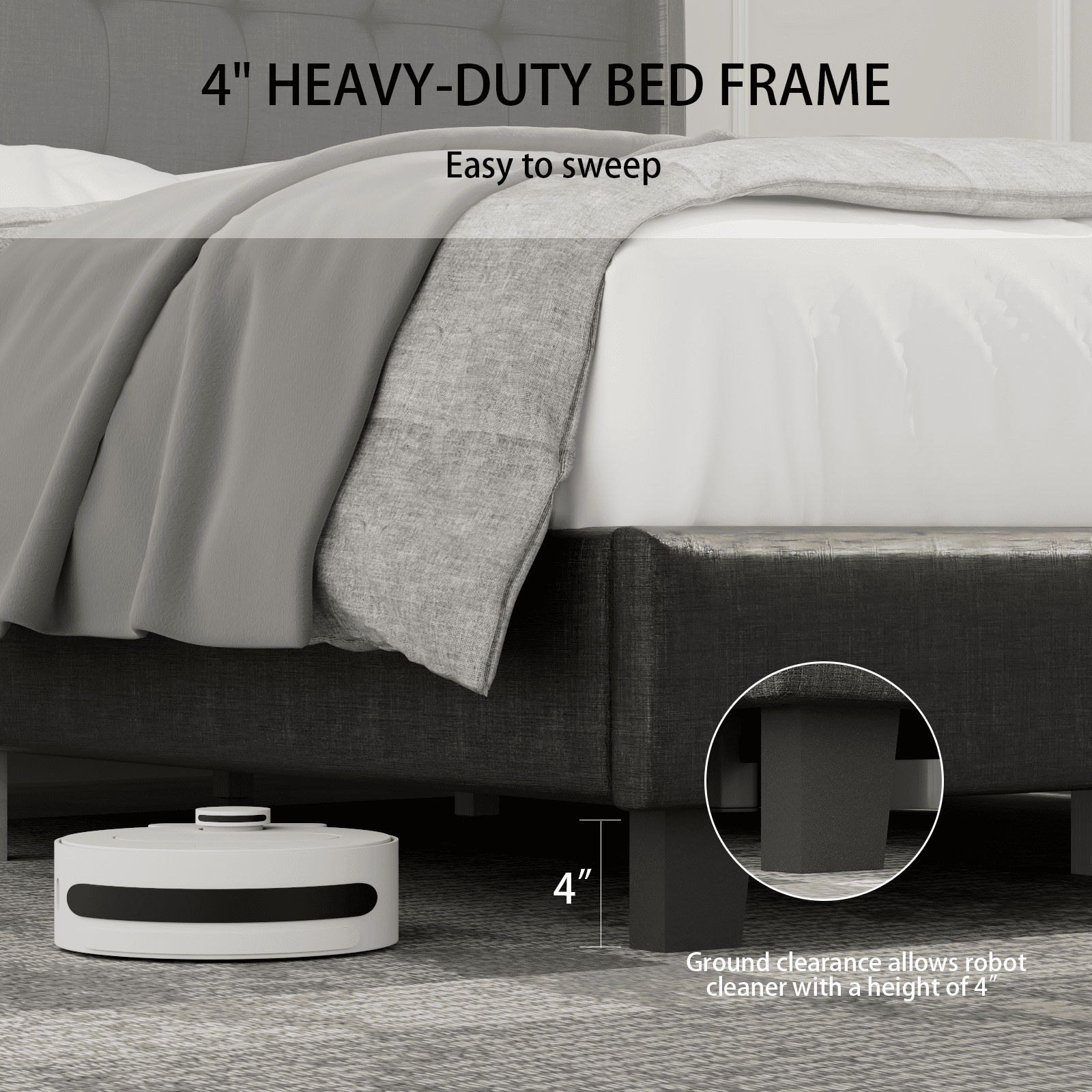 Nathaniel Home Cotton Linen Tufted Upholstered Bed, Queen Platform Bed Frame, Low Profile Platform Beds Strong Wooden Slats, Adult Black