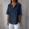 thumbnail image 2 of Ecqkame Women's Cotton Linen Top Summer Casual 3/4 Roll-Up Sleeve V-Neck Tops Loose Solid Color Lightweight Blouses with Button 04-Navy M, 2 of 6