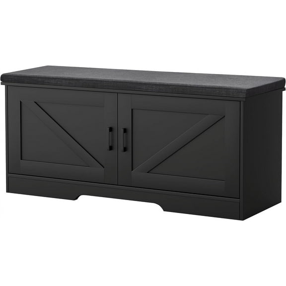 2-Tier Storage Bench, 39.4" Wide Shoe Bench with Padded Seat Cushion, Entryway Bench with 2 Barn Doors and Adjustable Shelf, Black