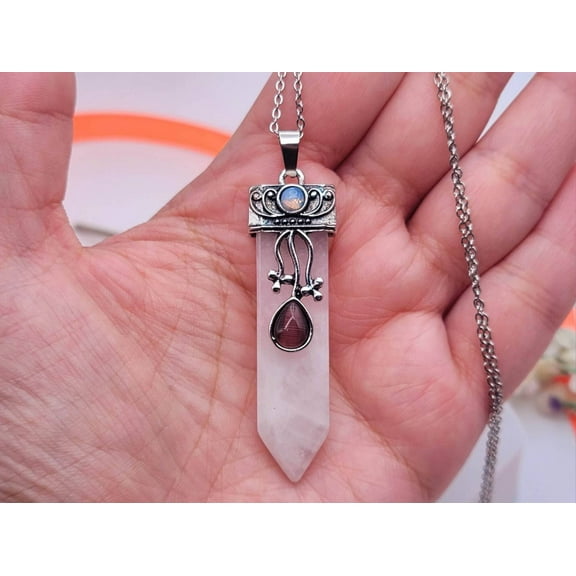 Natural Crystal Necklace Rose Quartz With Opal  Tiger's Eye Point Necklace