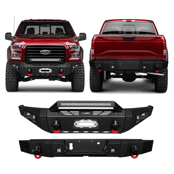 TIOYAR Compatible with 2015-2016-2017 Ford F150 (Not fit Raptor) Front and Rear Bumper Textured Black Steel With Winch Plate and Lights