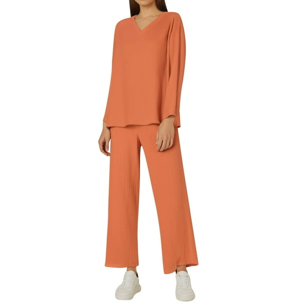 Conjunto de dos piezas de lino de color liso con cuello en V para mujer - Tejido de poliéster - Estilo holgado e informal