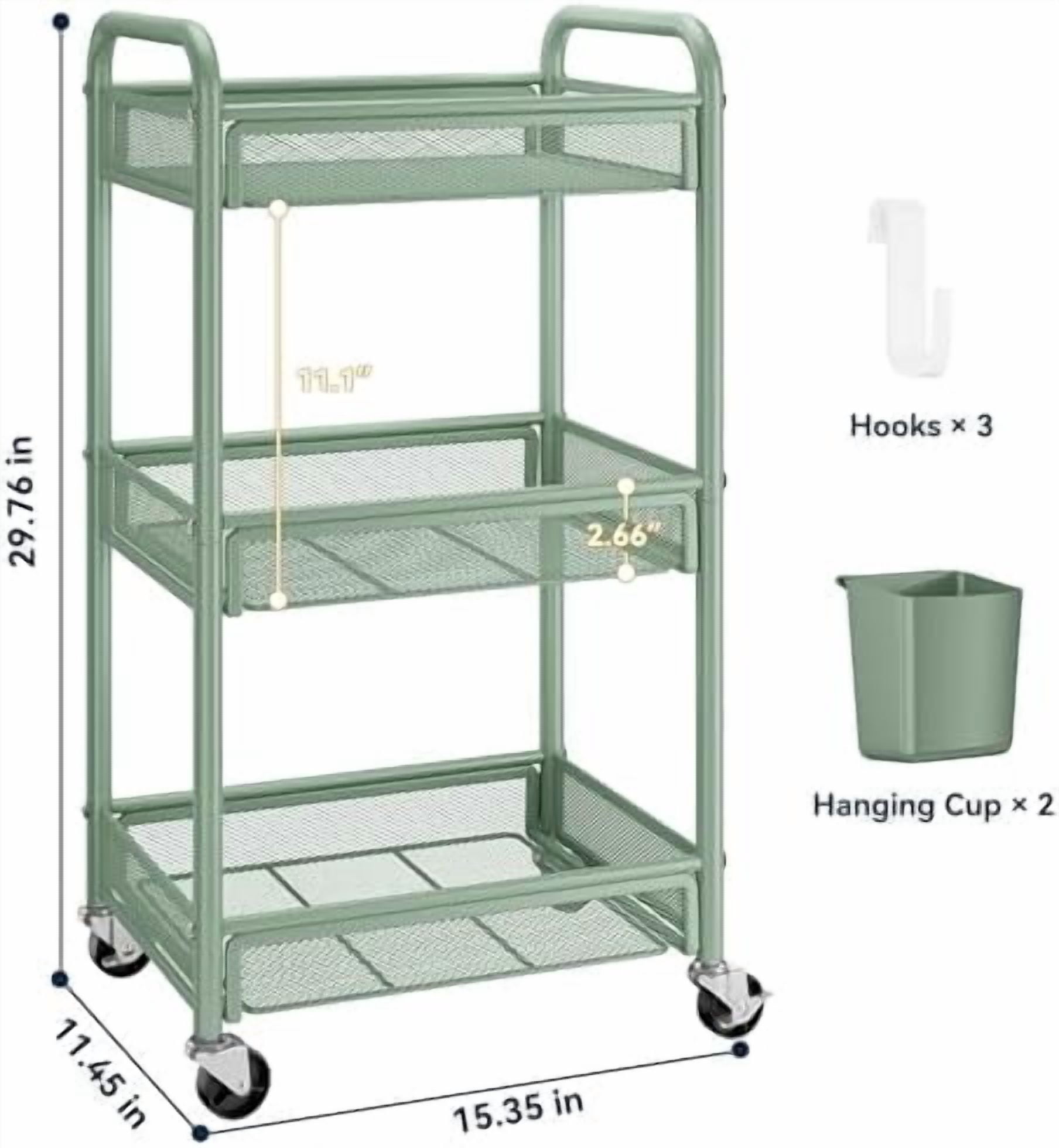 3 Tier Rolling Cart – Metal Utility Storage Carts with Wheels, Craft Carts Organizer with Hanging Cups, Hooks, Mesh Basket for Bedside Kitchen Office Art, Green