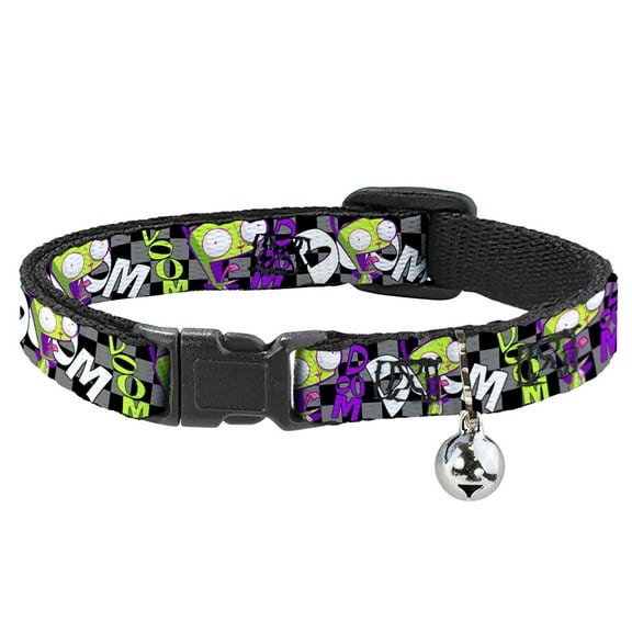Invader Zim Breakaway Cat Collar With Bell, Plastic Clip, Easy Adjustable, Invader Zim GIR Doom Pose Checker Black Gray, 8.5 to 12 Inches 0.5 Inch Wide