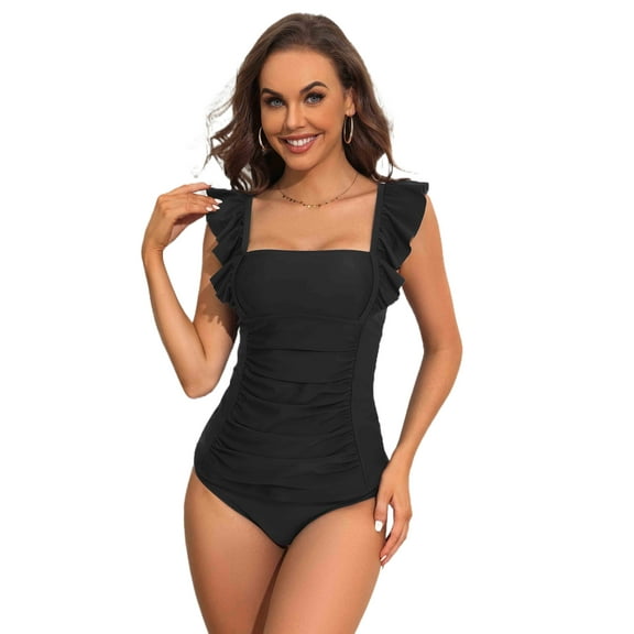 Attraco Women Tankini Set Solid Color Swimwear Swim Sets Spaghetti Strap Slim Fit Ruched Bathing Suit