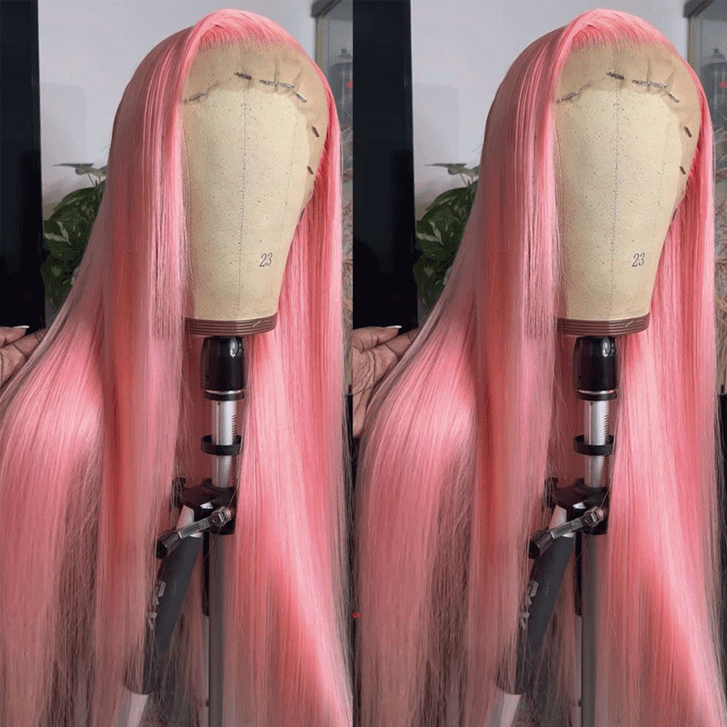 Rose Pink Colored 13x4 Lace Front Wig Straight Brazilian Remy Human Hair Wigs Preplucked Natural Hairline High Density Elegant Hairstyle For Women Daily&Birthday&Wedding Use Wig 180 Density 18 Inch