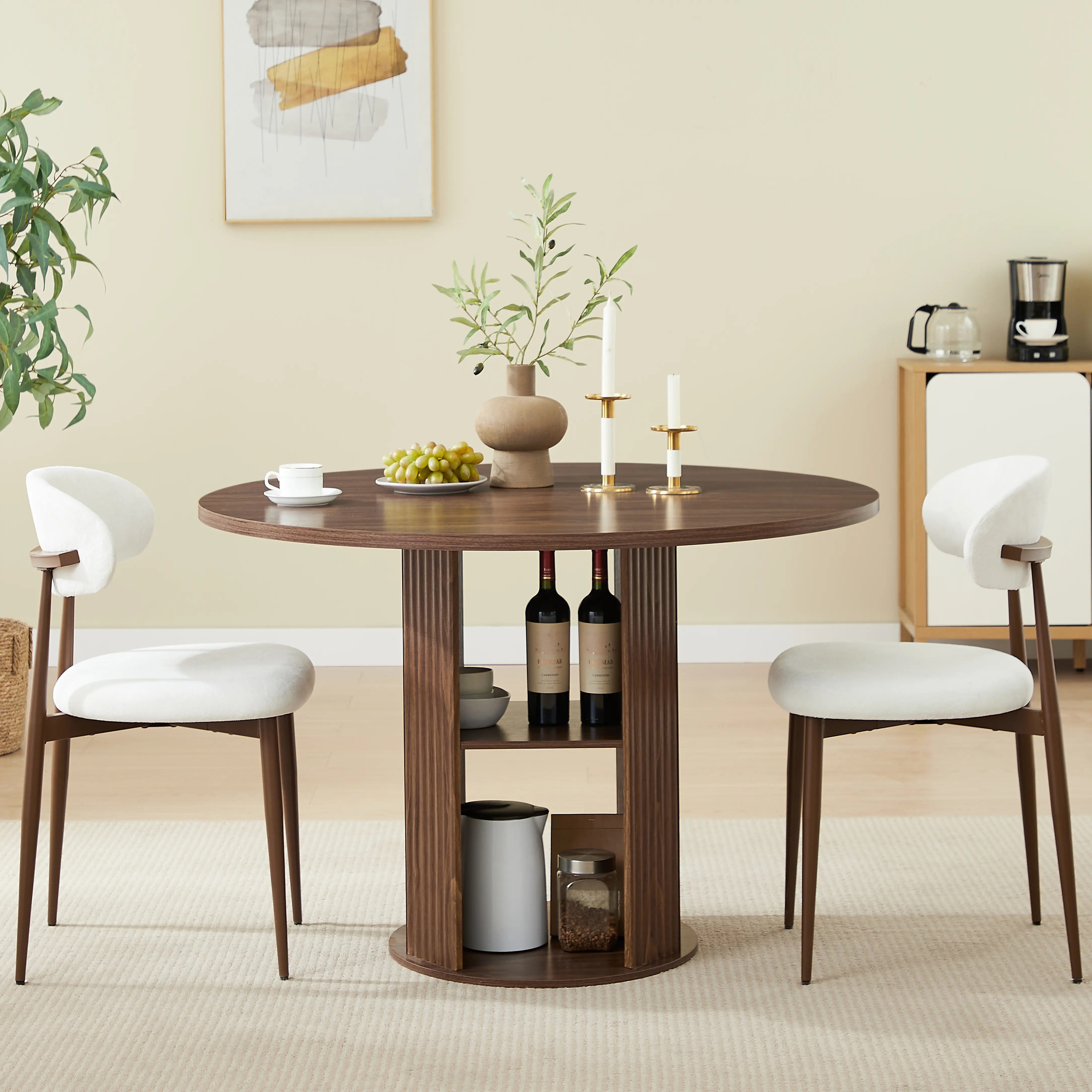 Aukfa 2 Pcs Round Dining Table Set with 2-Tier Storage Shelves, 2 Upholstered Chairs, Brown