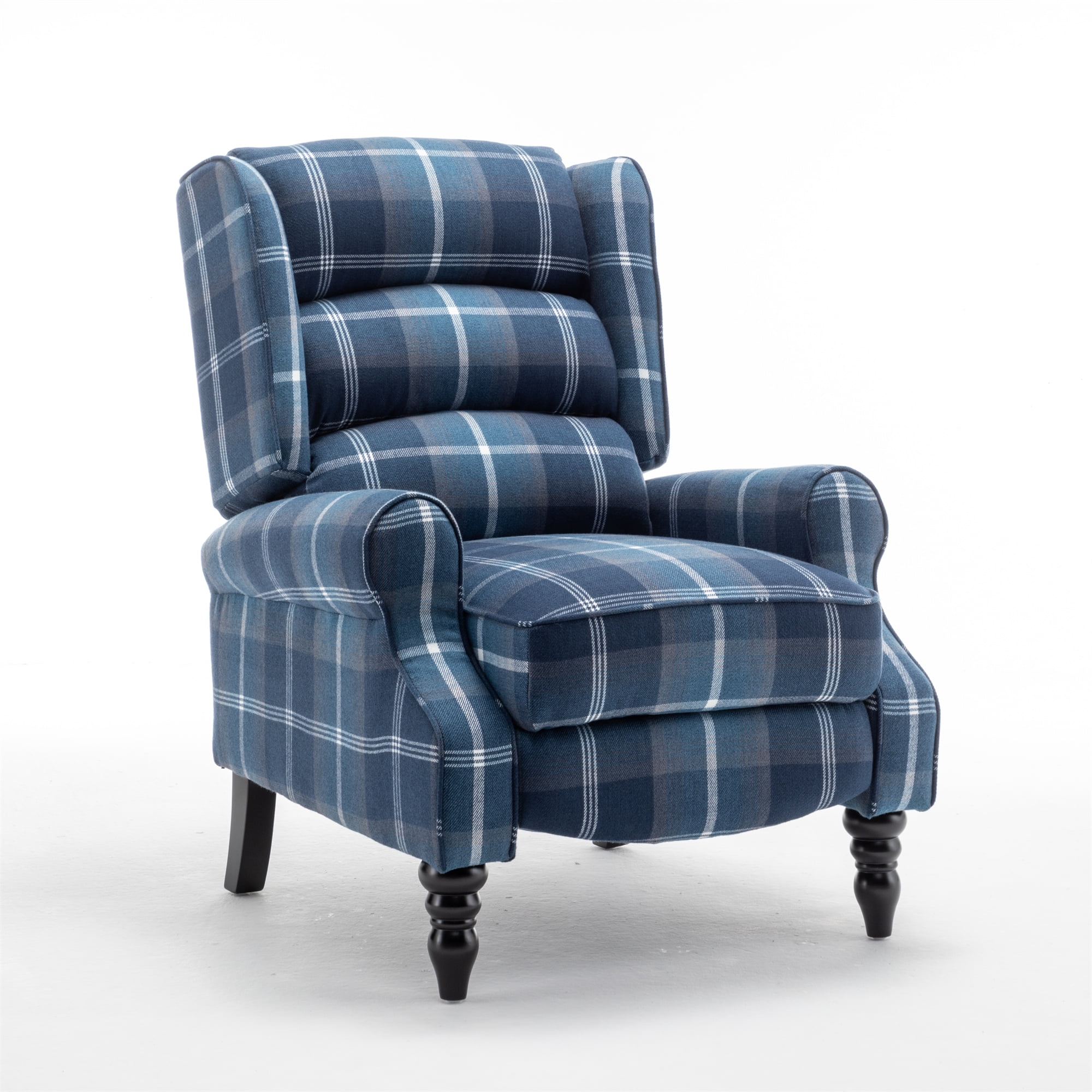 Upholstered Wingback Recliner Chair, Plaid Recliner Chair Armchair Adjustable Footrest Push Back Reclining Sofa, Mid Century Modern Lounge Armchair for Living Room, Bedroom, Reading -- Blue