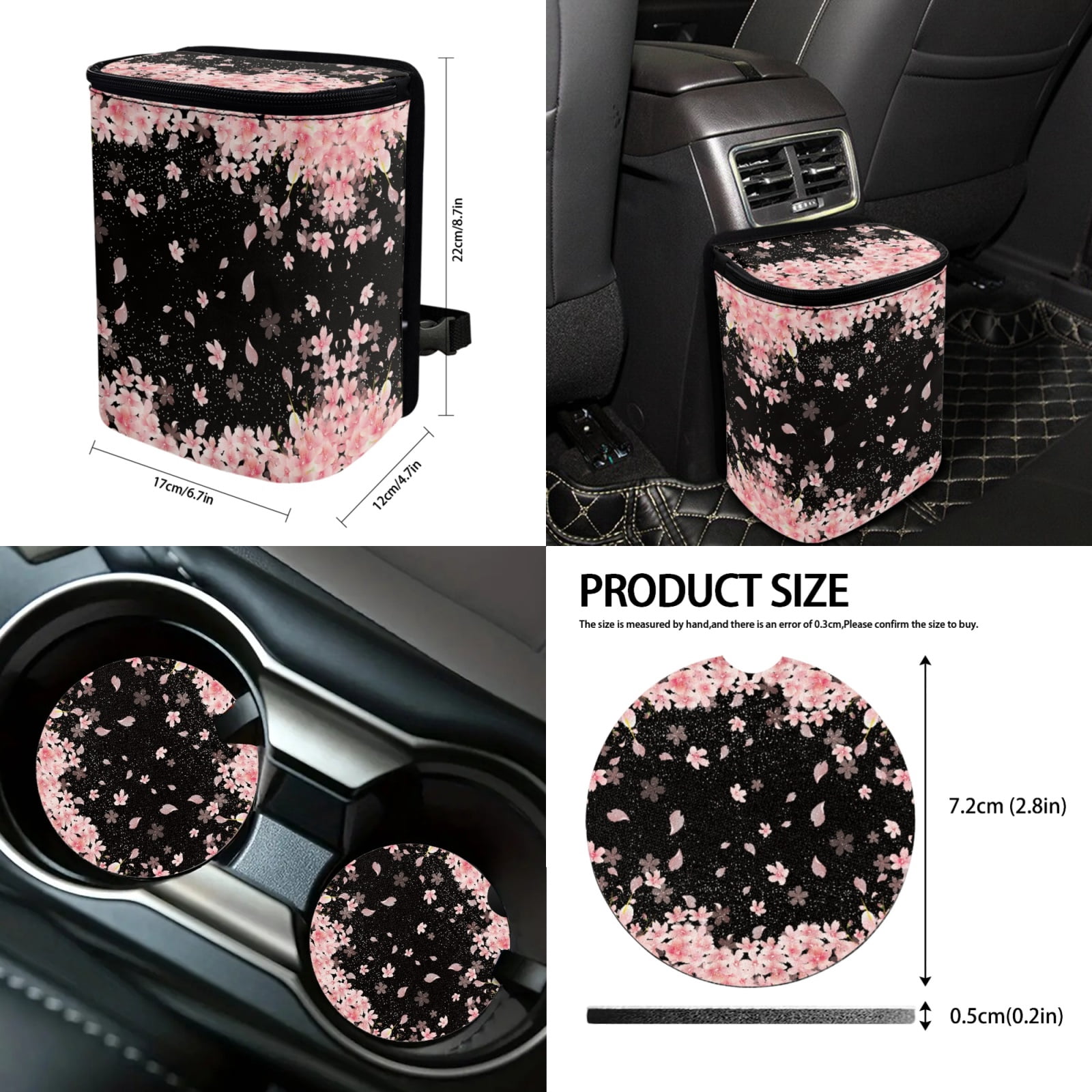 Jeiento Pink Cherry Blossom Car Interior Accessories Full Set Car Seat Covers Steering Wheel Seat Belt Covers Car Trash Can Coasters Rear View Mirror Covers Keychains Lipstick Covers Set of 13