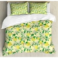 thumbnail image 1 of Lemons King Size Duvet Cover Set, Blooming Lemon Flowers on Tree Branches with Buds and Ripe Fruits, Decorative 3 Piece Bedding Set with 2 Pillow Shams, Fern Green and Pale Yellow, by Ambesonne, 1 of 3