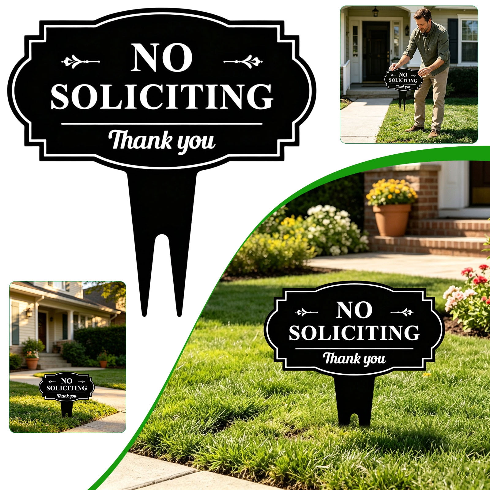Yard Sign Decorative Black Outdoor Stake Sign with Vintage Border for Front Yard Lawn Garden Porch Patio Home Exterior Decor No Soliciting