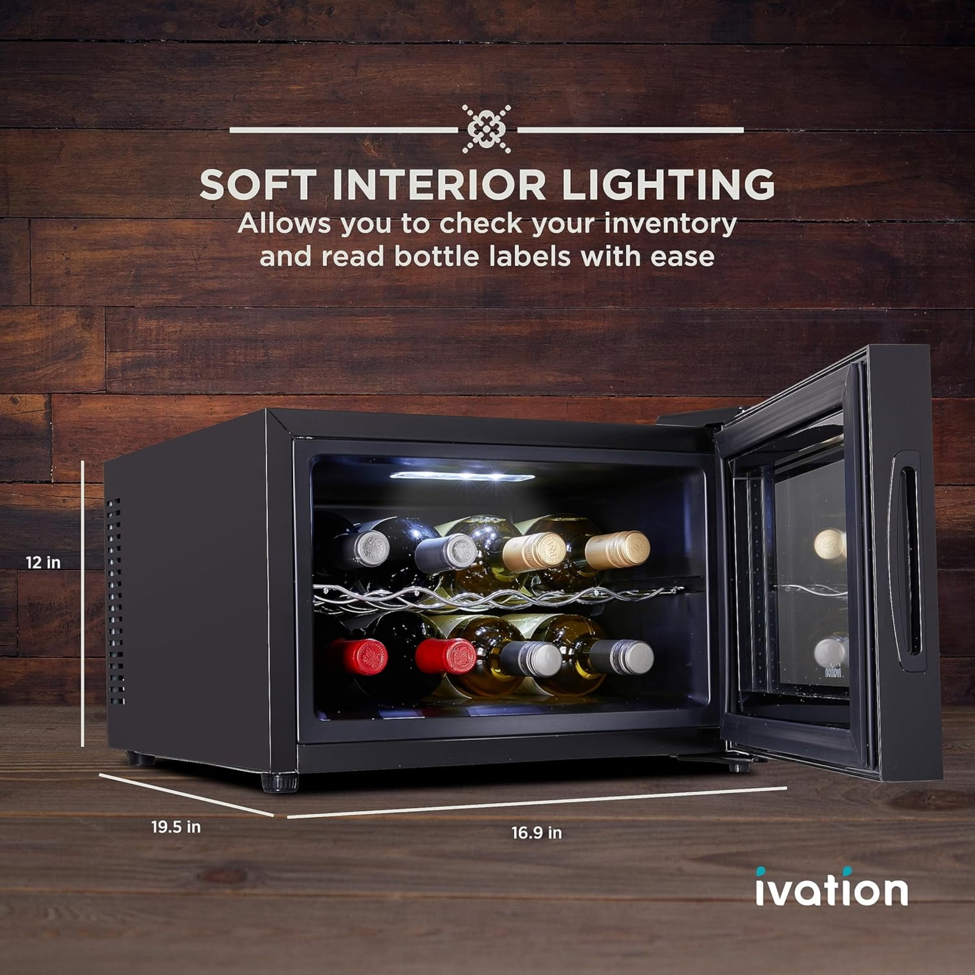 Ivation Premium 8 Bottle Horizontal Glass Door Wine Cooler, Quiet Freestanding - Black