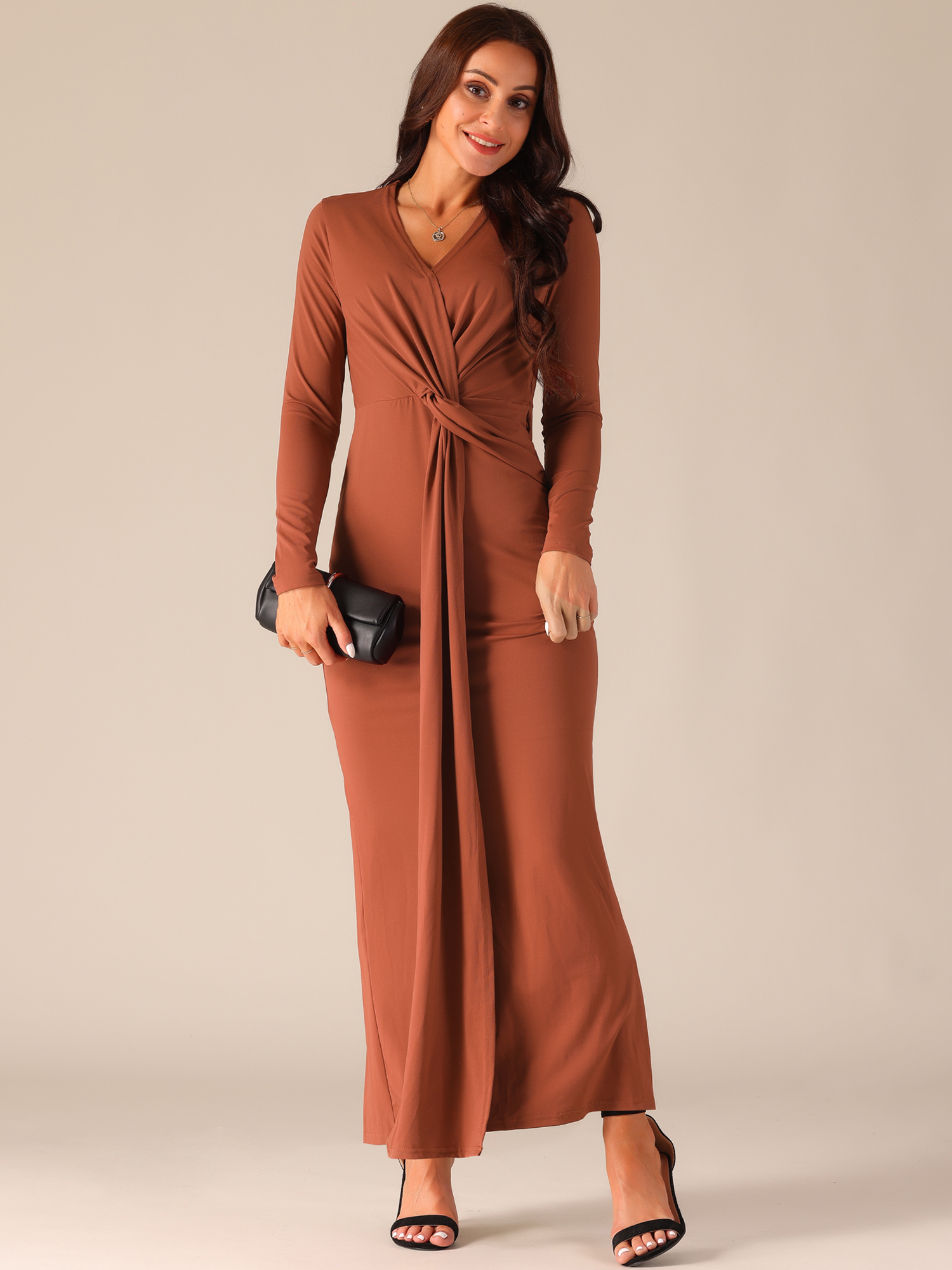 DARING DIVA Long Sleeve V Neck Wrap Split Hem Bodycon Cocktail Dress M Brick Red