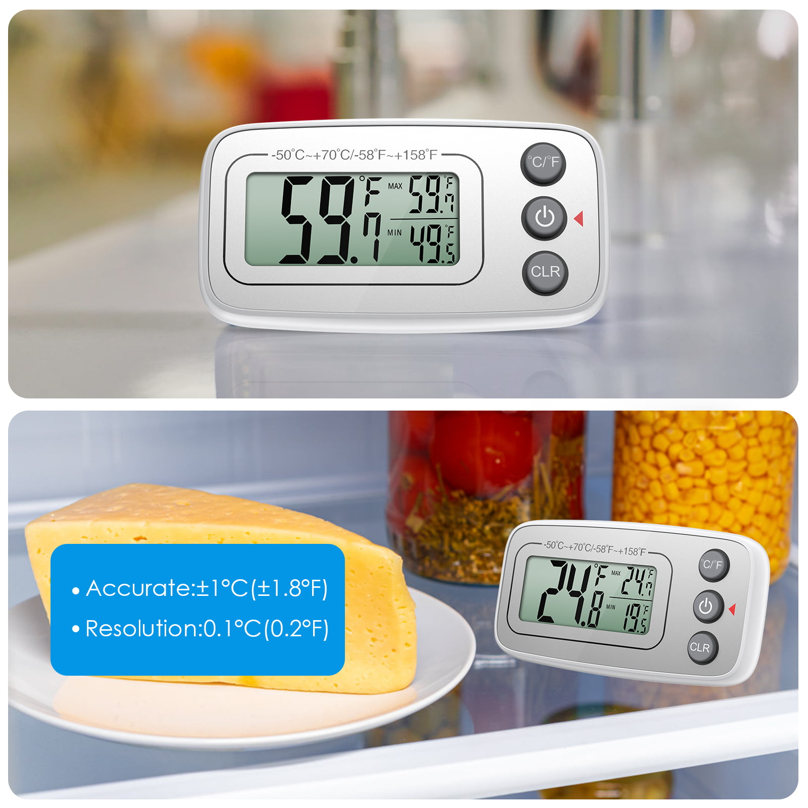 AMIR Fridge Thermometer Digital, Newest Refrigerator Thermometer 2 Pack,  Mini Freezer Thermometer with Hook, LCD Display, ℃/℉ Switch + Max/Min  Record