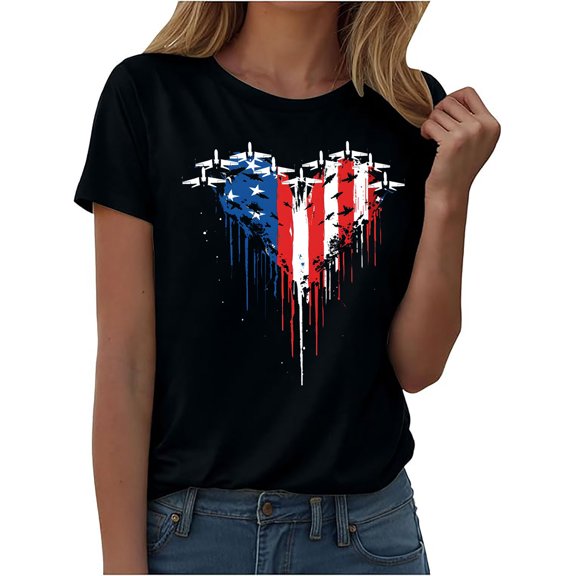 Nmnitkp Womens American Flag Shirt Short Sleeve USA 4th of July Flag Tops Loose Patriotic Novelty T-Shirts Black,5XL