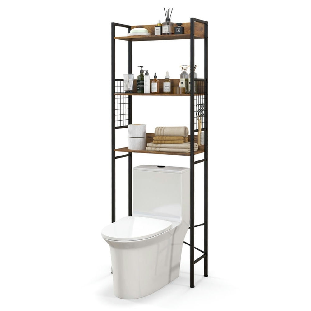 Finihen Toilet Storage Rack, Towel Rack, Towel Holder, 3-Tier Over-the-Toilet Storage Rack with 3 Hooks, for Bathroom, Rustic Brown