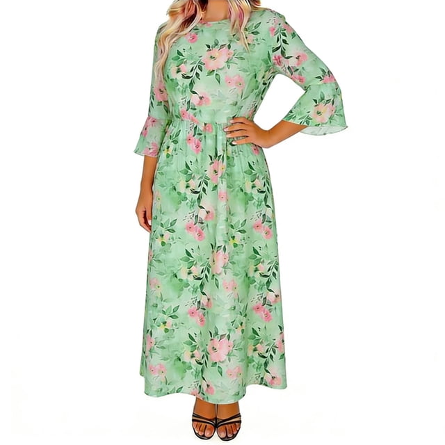 Mujeres Cuello Redondo Vestido Impreso Casual de Manga Corta Ligero Tejido Fluido para el Uso Diario de Primavera Verano