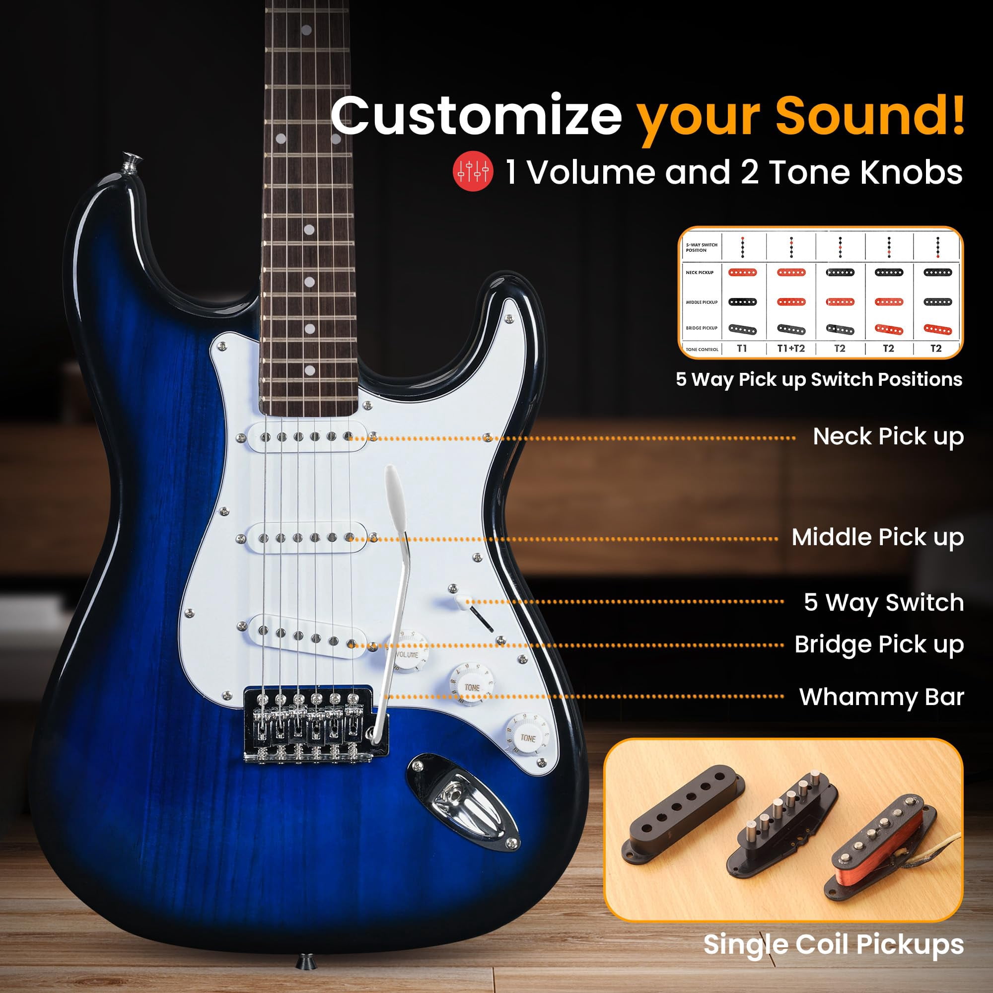 Pyle Full Size Electric Guitar Kit with 5W Amplifier, Gig Bag, Picks, Spare Strings, and Strap, ST-Style Beginner Guitar Bundle with 22 Frets, Paulownia Wood Body, Blue