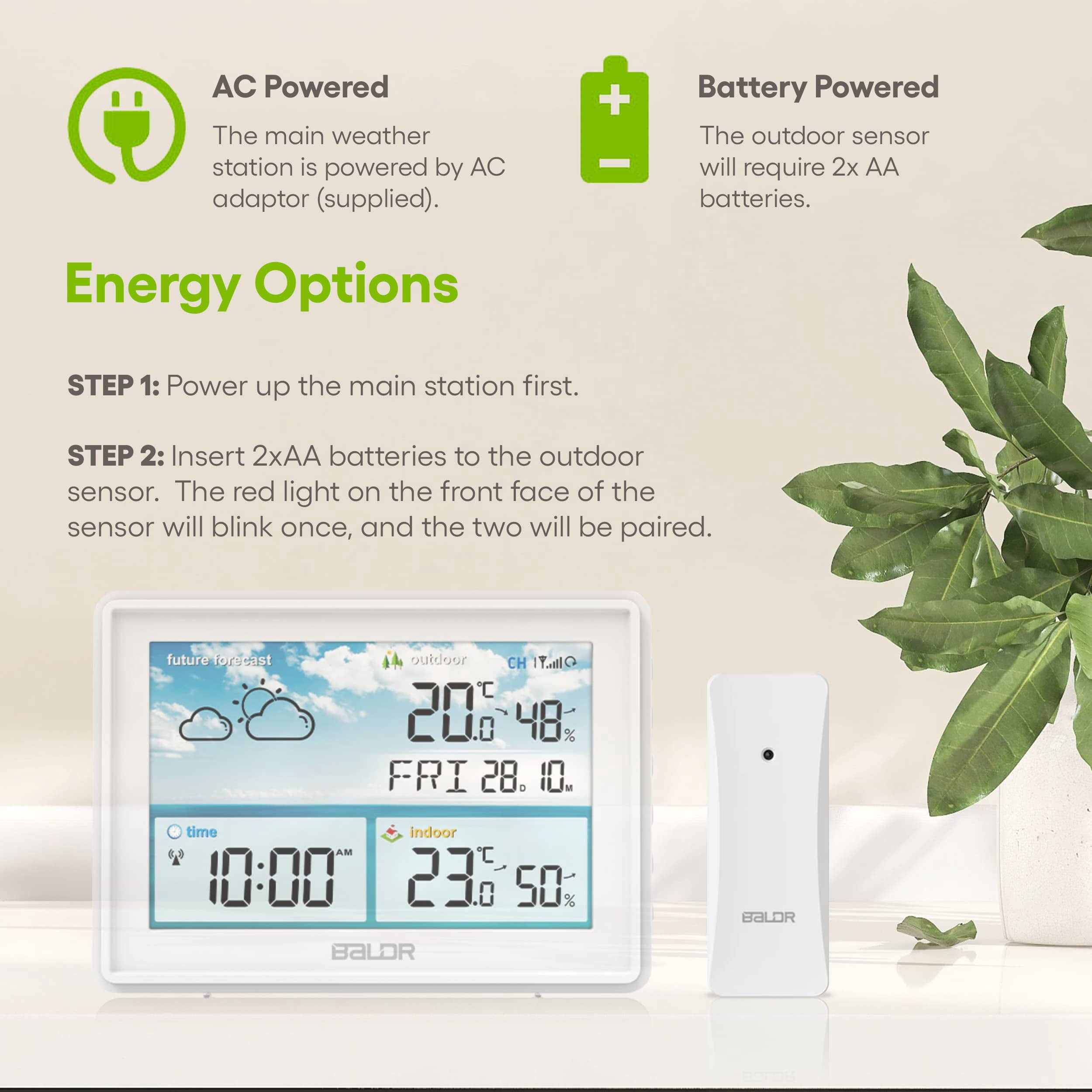 Baldr Weather Station with Indoor Outdoor Thermometer, Wireless Sensor, Atomic Clock, Humidity Monitor, White