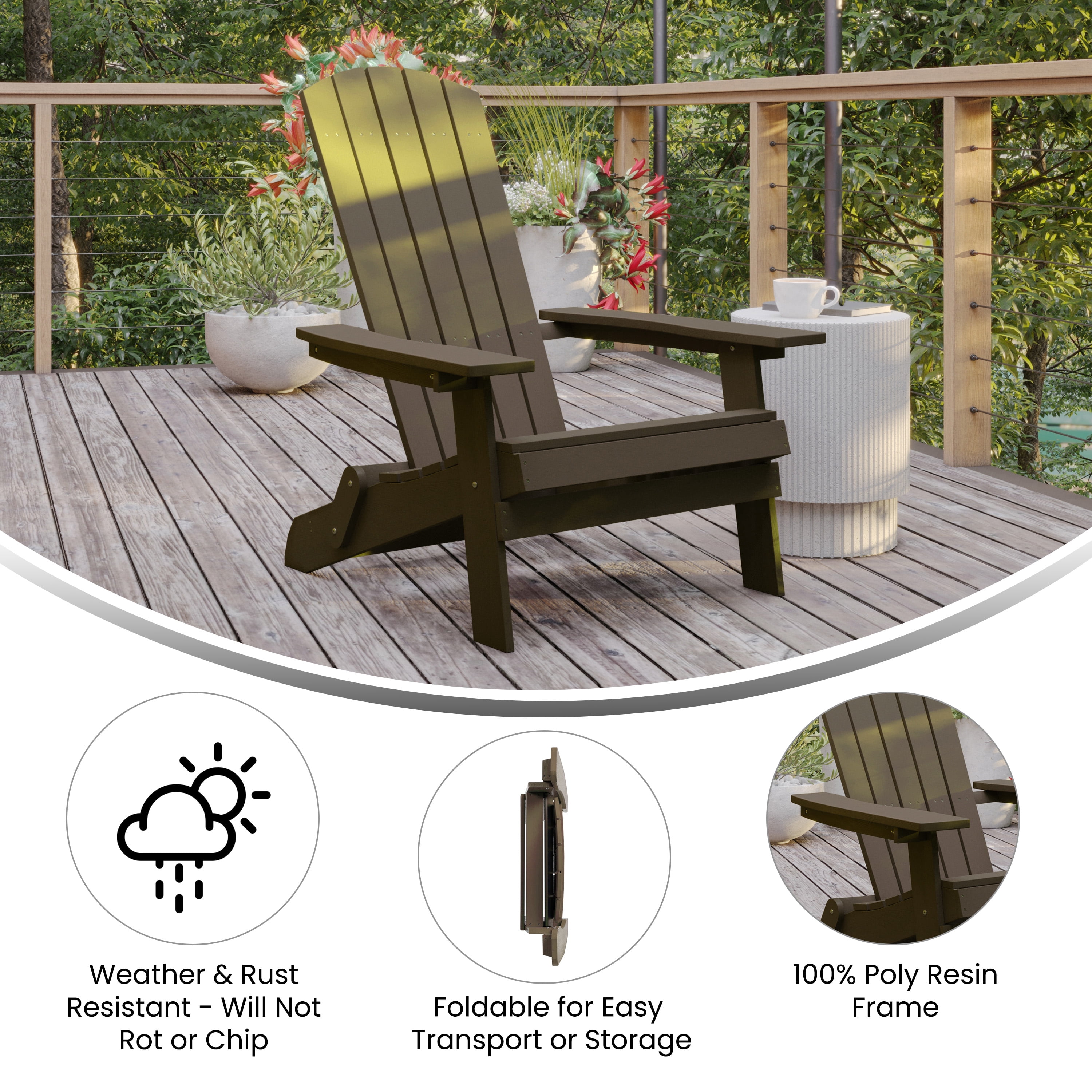 Flash Furniture Charlestown Folding Adirondack Chair - Mahogany - Poly Resin - Indoor/Outdoor - Weather Resistant - Set of 4