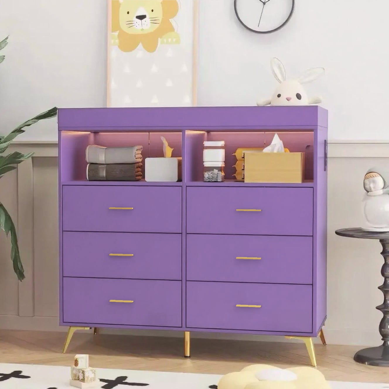 Baby Changing Table Dresser with 6 Drawers, Baby Nursery Dresser, LED Lights & Charging Station – Multifunctional Nursery Dresser with Removable Changing Top, Anti-Tip Design