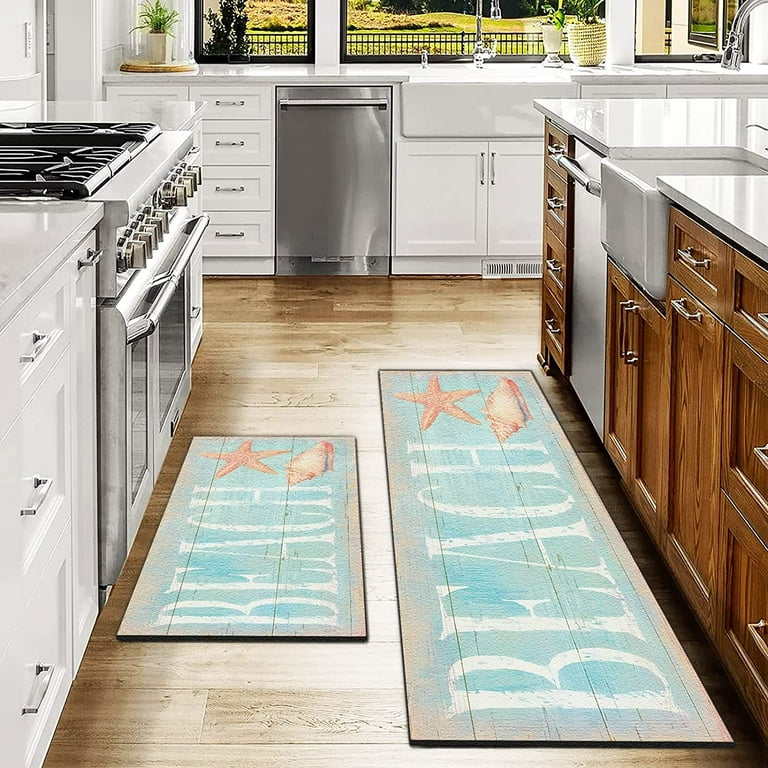 Beach Coastal Kitchen Rugs Mats Set of 2 Anti Fatigue Cushioned Farmhouse Kitchen Rug Floor Comfort Mat Waterproof Non Skid Runner Rug for Kitchen