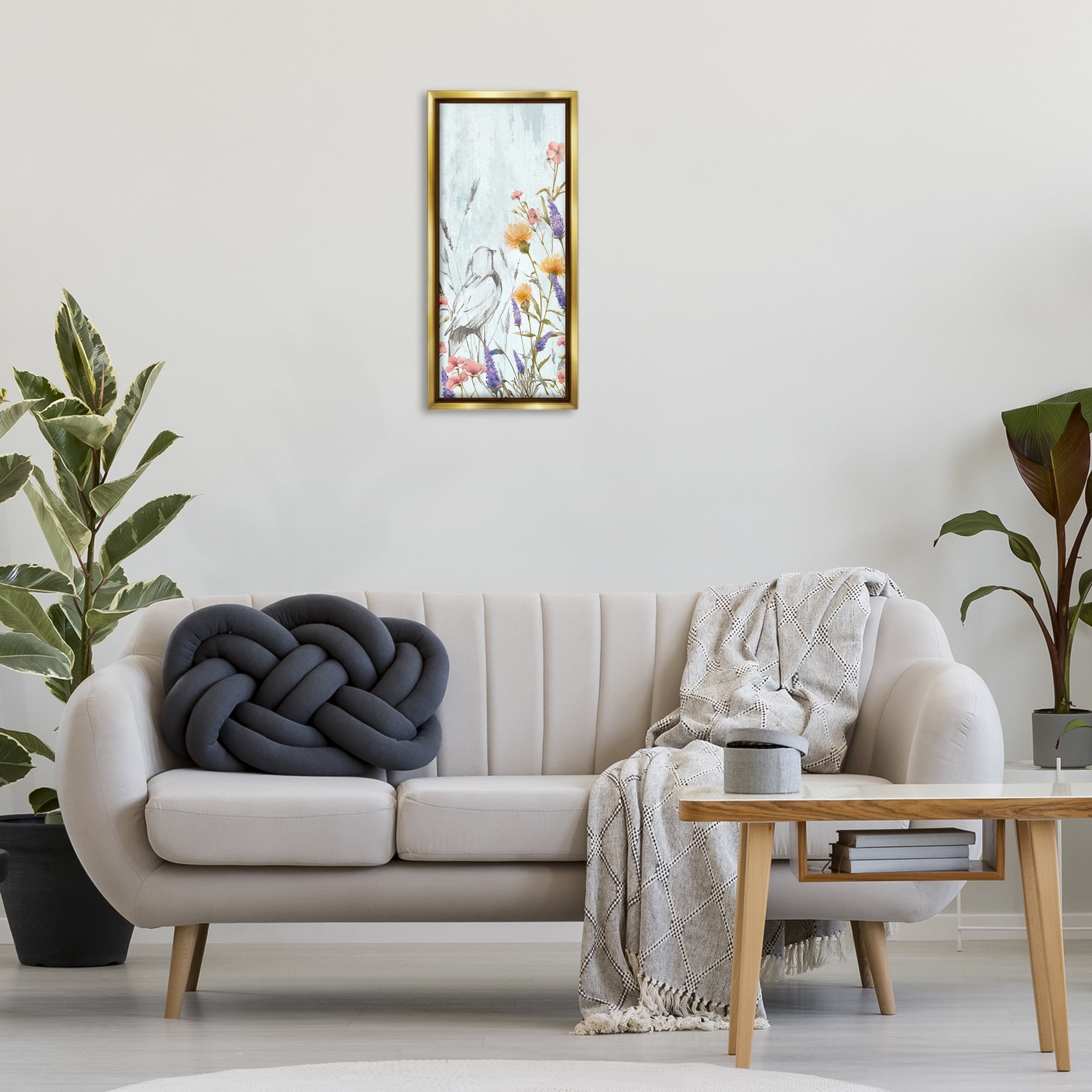 Stupell Industries Bird Outline with Wildflowers Plants & Flowers Painting Gold Floater Framed Canvas Art Print Wall Art, 11 x 25